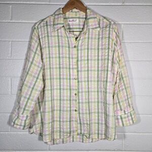 Vtg Handmade Plaid Seersucker Button Shirt XL Pastel Check Picnic Easter